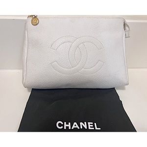 CHANEL Timeless CC White Caviar Leather Cosmetics Pouch | Clutch 1990s